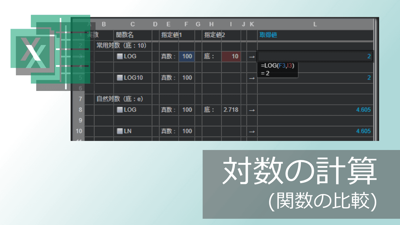 Thumbnail for 対数算出関数の違い (LOG, LOG10, LN, IMLNなど)【エクセル】