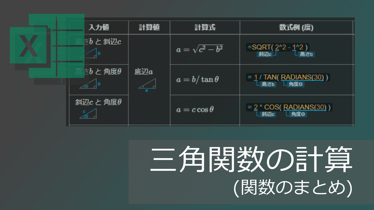 Thumbnail for 三角関数での角度・辺の長さの計算式まとめ【エクセル】