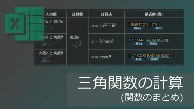三角関数での角度・辺の長さの計算式まとめ【エクセル】